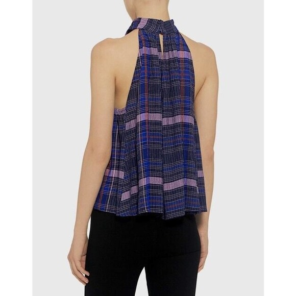 Apiece Apart Medina Top Size 0 Blue Purple Plaid Tie Mock Neck Sleeveless Blouse - Picture 12 of 13
